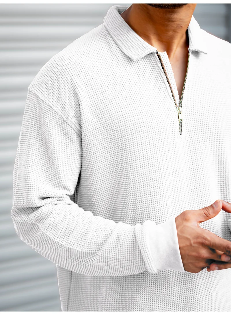 Maniac Maniac Mens Textured Polo Neck Full Sleeve Half Zipper White Cotton T-Shirt