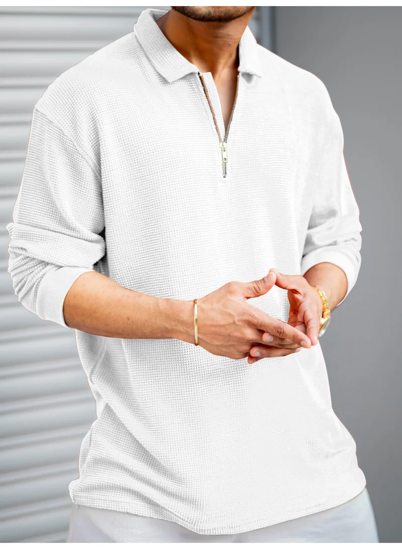 Maniac Maniac Mens Textured Polo Neck Full Sleeve Half Zipper White Cotton T-Shirt