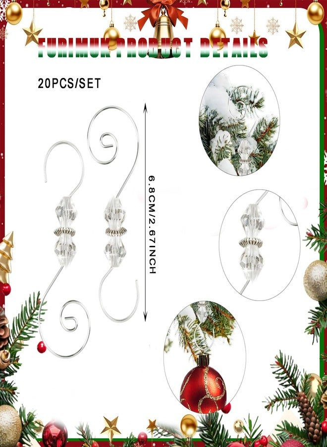 Furimuk 20 Pcs Christmas Ornament Hooks Silver S-Shaped Hangers Clear Crystal Beaded Decorative Scroll with Lobster Claw for Xmas Tree Holiday Seasonal Decorations - Image 2