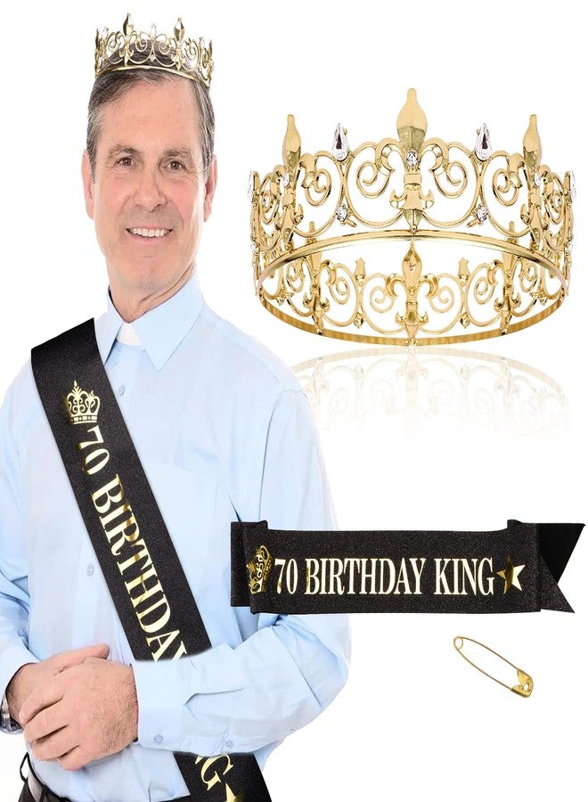 Hapdoo 70th Birthday Decorations - Crown and King Sash for Men, 70 Birthday Decorations, Gold - Image 1