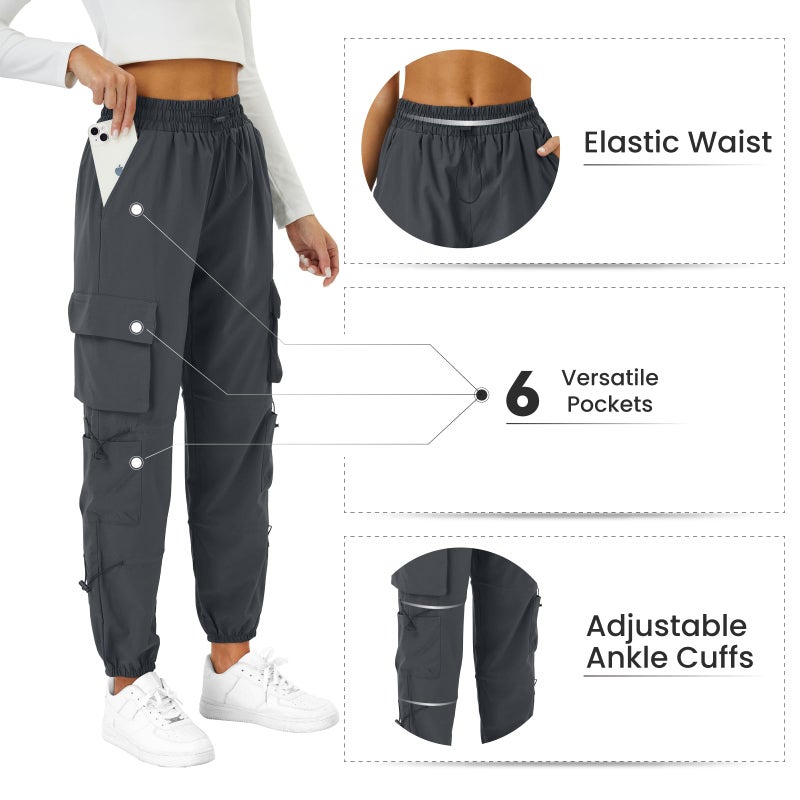 COPYLEAF Womens Parachute Cargo Pants with Pockets Quick Dry Hiking Pants Lightweight Water-Resistant Baggy Joggers(Grey XL) - Image 5