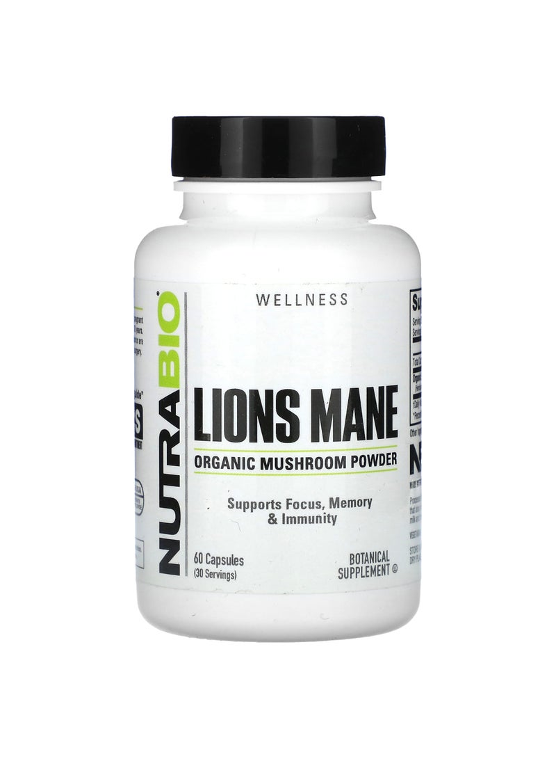NutraBio Organic Lions Mane, 60 Capsules (0.5 g per Capsule)