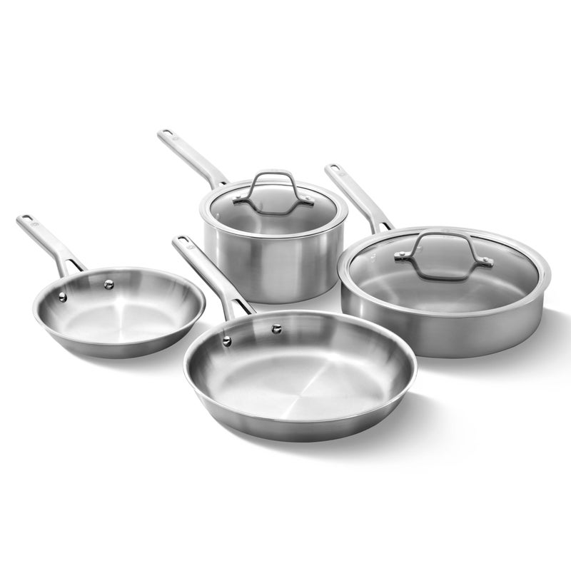 Calphalon Brushed 3-Ply Stainless Steel Cookware Set w/Turbo Heat Tech 6 Piece Includes Frying Pans, Pots and Pans Set, Induction, Oven Safe 450F, Brushed Stainless Silver - Image 1