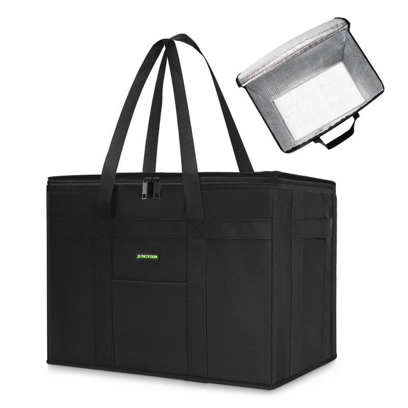 JUNGYOON JUNGYOON L Insulated Grocery Bags and Cooler Bag for Food Delivery  Collapsible Cooler  Reusable Shopping Bags for Groceries with Zipper Top  Heavy Duty  Stands Upright(Black)  - Image 1