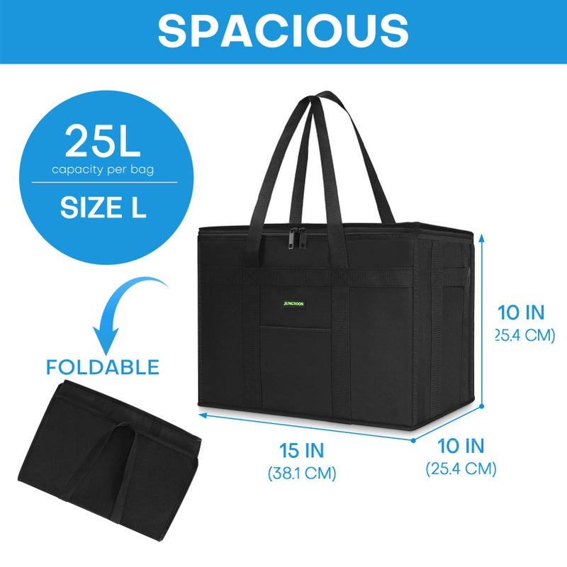 JUNGYOON JUNGYOON L Insulated Grocery Bags and Cooler Bag for Food Delivery  Collapsible Cooler  Reusable Shopping Bags for Groceries with Zipper Top  Heavy Duty  Stands Upright(Black)  - Image 4