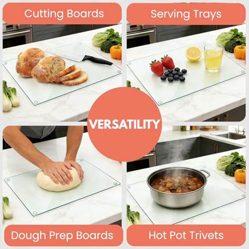 Hacaroa 4 Pack Tempered Glass Cutting Board with Rubber Feet, Rectangle Non-slip Chopping Board, Long Lasting Clear Glass Tray for Kitchen Countertop, Table, Shatter-Resistant, Heat-Resistant, 2 Size - Image 5