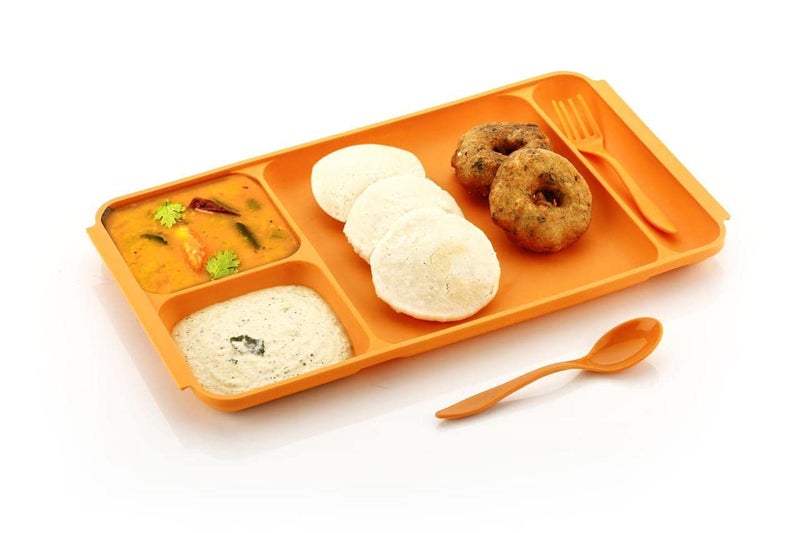 Kitchwish Unbreakable 4Compartments Dish with 1 Spoon and 1 Fork Dinner Plate Plastic Sectioned Plate Orange Pack of 6 - Image 2
