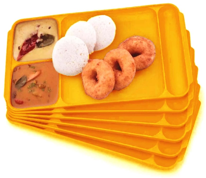 Kitchwish Unbreakable 4Compartments Dish with 1 Spoon and 1 Fork Dinner Plate Plastic Sectioned Plate Orange Pack of 6 - Image 1