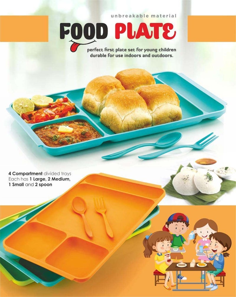 Kitchwish Unbreakable 4Compartments Dish with 1 Spoon and 1 Fork Dinner Plate Plastic Sectioned Plate Orange Pack of 6 - Image 5