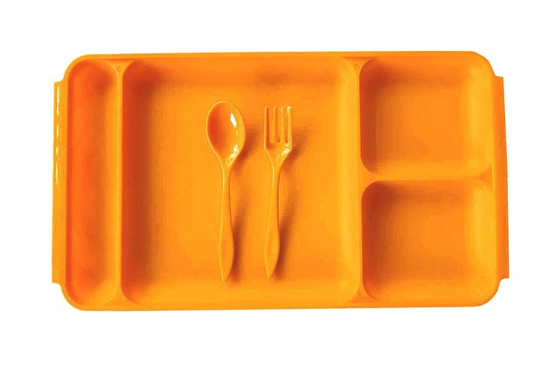 Kitchwish Unbreakable 4Compartments Dish with 1 Spoon and 1 Fork Dinner Plate Plastic Sectioned Plate Orange Pack of 6 - Image 4