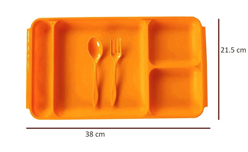 Kitchwish Unbreakable 4Compartments Dish with 1 Spoon and 1 Fork Dinner Plate Plastic Sectioned Plate Orange Pack of 6 - Image 3