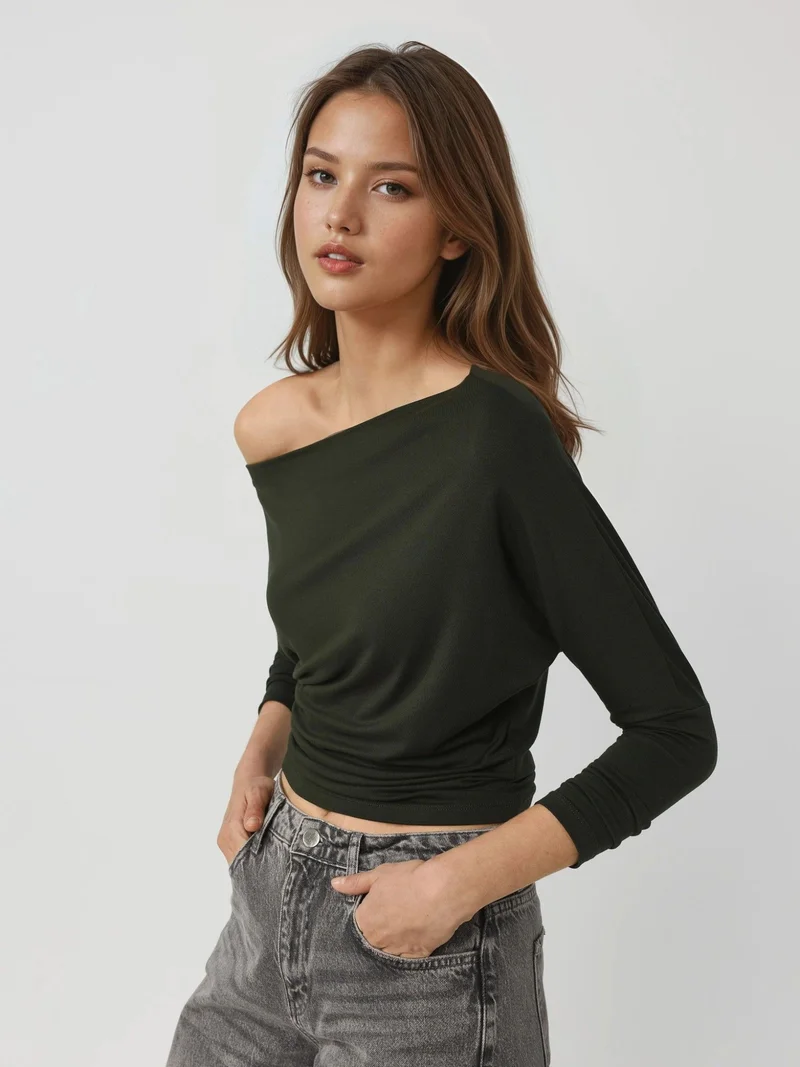 HICCUP Asymmetrical Collar Long Sleeve Elastic Knit T-Shirt