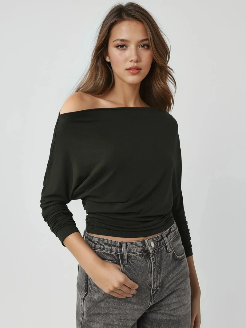 HICCUP Asymmetrical Collar Long Sleeve Elastic Knit T-Shirt