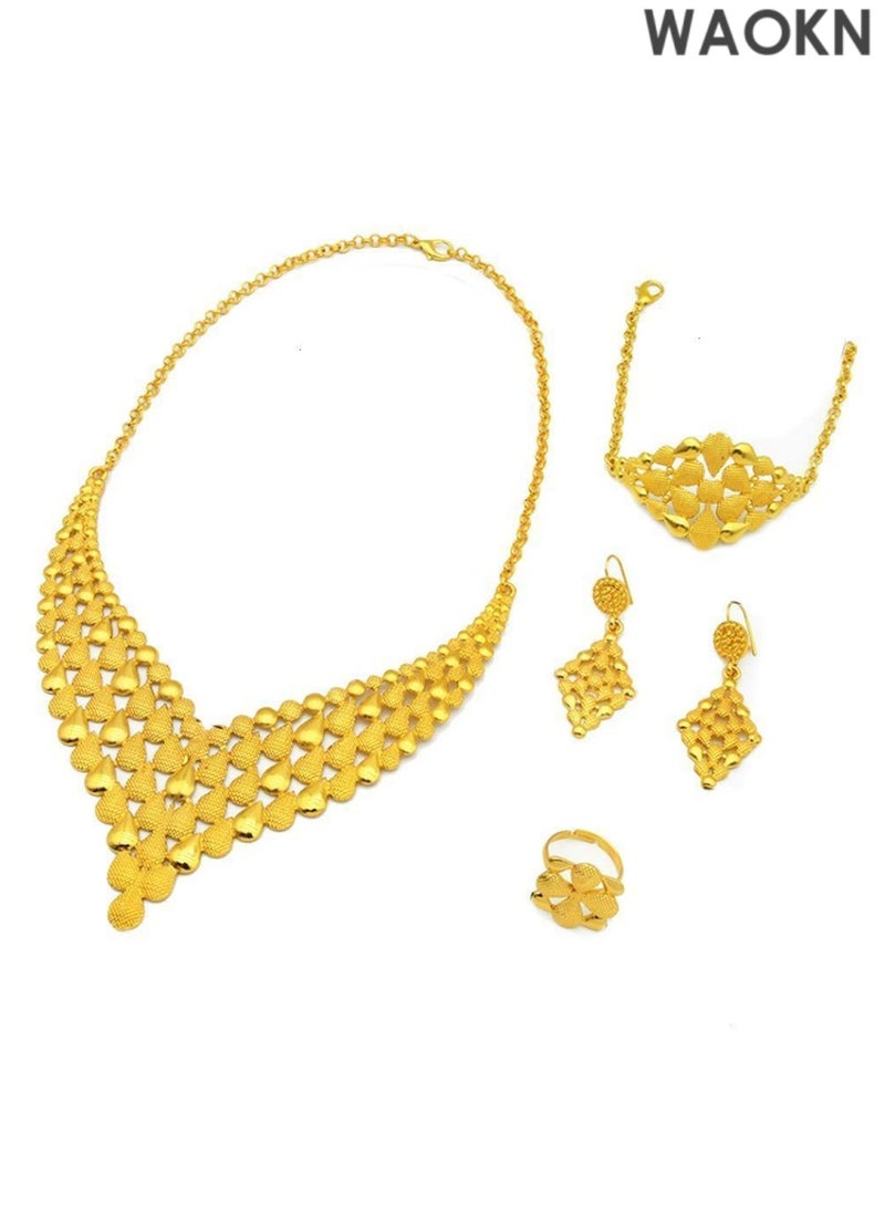 WAOKN Women Jewelry Sets Gold Necklace Earrings Bangle Fashion Wedding Prom Jewelry Set Stunning Bridal Jewelry Set Delicate Gold Plated Necklace Earring Wrist Chain and Rings Set For Bridal And Party Wear - Image 2