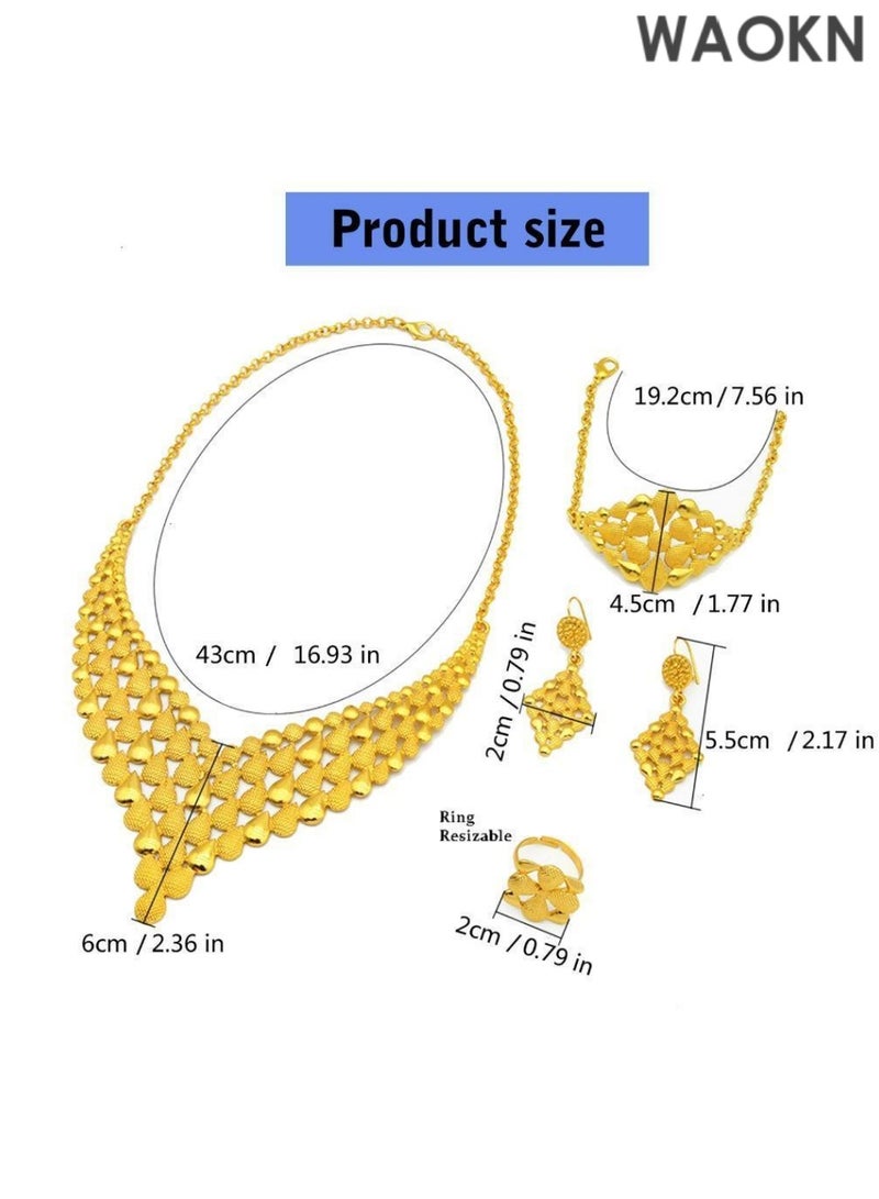 WAOKN Women Jewelry Sets Gold Necklace Earrings Bangle Fashion Wedding Prom Jewelry Set Stunning Bridal Jewelry Set Delicate Gold Plated Necklace Earring Wrist Chain and Rings Set For Bridal And Party Wear - Image 5