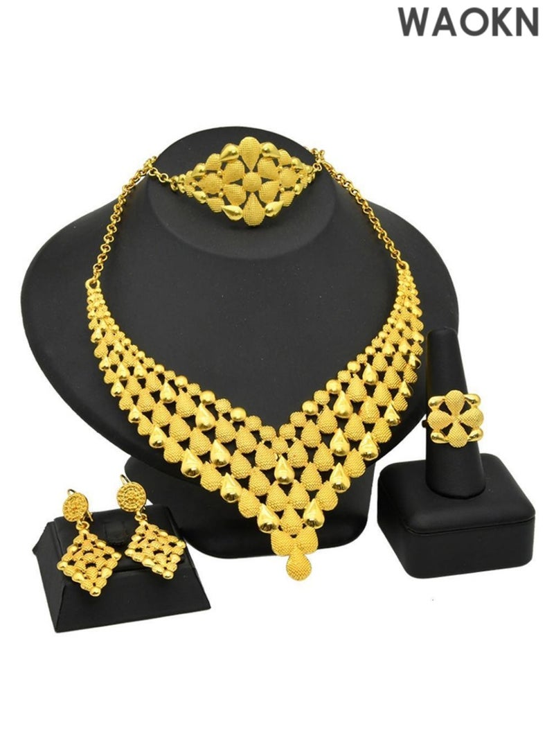 WAOKN Women Jewelry Sets Gold Necklace Earrings Bangle Fashion Wedding Prom Jewelry Set Stunning Bridal Jewelry Set Delicate Gold Plated Necklace Earring Wrist Chain and Rings Set For Bridal And Party Wear - Image 1