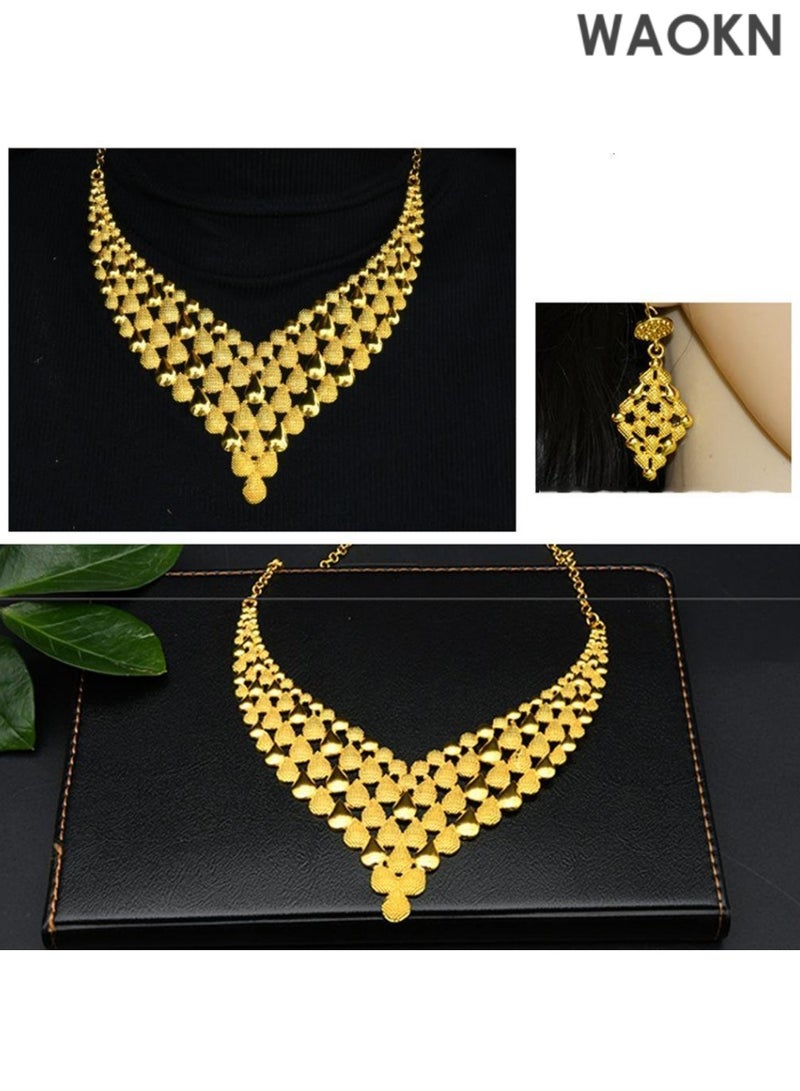 WAOKN Women Jewelry Sets Gold Necklace Earrings Bangle Fashion Wedding Prom Jewelry Set Stunning Bridal Jewelry Set Delicate Gold Plated Necklace Earring Wrist Chain and Rings Set For Bridal And Party Wear - Image 3