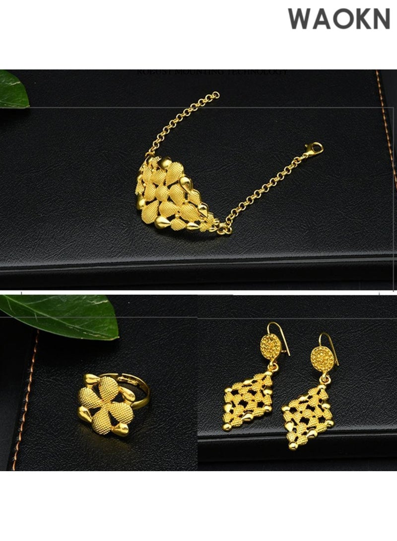 WAOKN Women Jewelry Sets Gold Necklace Earrings Bangle Fashion Wedding Prom Jewelry Set Stunning Bridal Jewelry Set Delicate Gold Plated Necklace Earring Wrist Chain and Rings Set For Bridal And Party Wear - Image 4