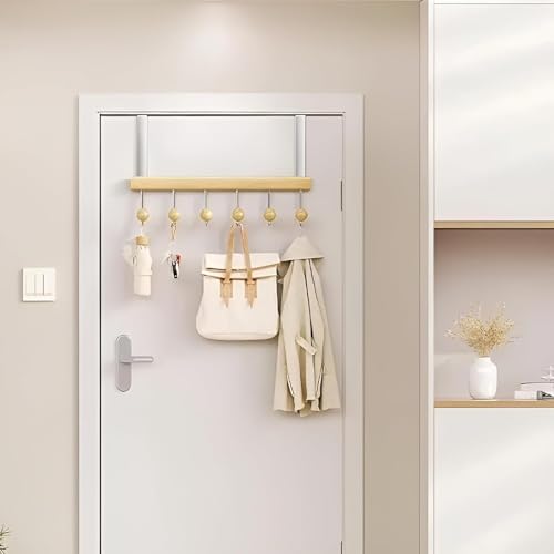 KANISYA Wooden Door Mounted Clothes Hanger with 6 Hooks | Over The Door Organizer Rack for Coats, Bags, Towels, Hats, Space-Saving Hanging Storage for Bedroom, Bathroom, – No Drill Installation - Image 5