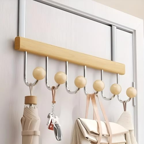 KANISYA Wooden Door Mounted Clothes Hanger with 6 Hooks | Over The Door Organizer Rack for Coats, Bags, Towels, Hats, Space-Saving Hanging Storage for Bedroom, Bathroom, – No Drill Installation - Image 1