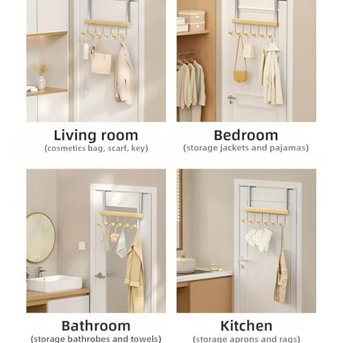 KANISYA Wooden Door Mounted Clothes Hanger with 6 Hooks | Over The Door Organizer Rack for Coats, Bags, Towels, Hats, Space-Saving Hanging Storage for Bedroom, Bathroom, – No Drill Installation - Image 3