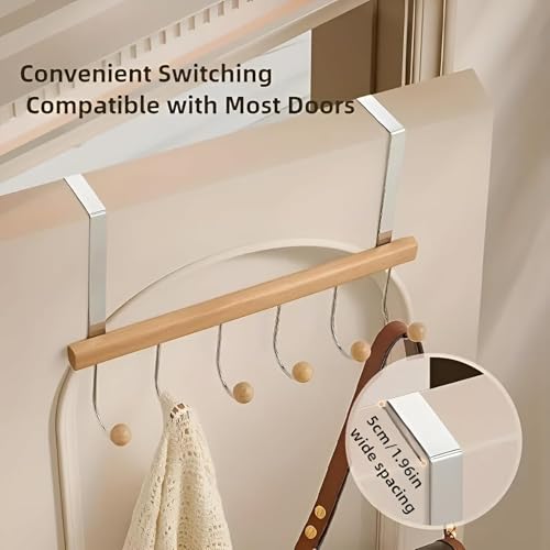 KANISYA Wooden Door Mounted Clothes Hanger with 6 Hooks | Over The Door Organizer Rack for Coats, Bags, Towels, Hats, Space-Saving Hanging Storage for Bedroom, Bathroom, – No Drill Installation - Image 2