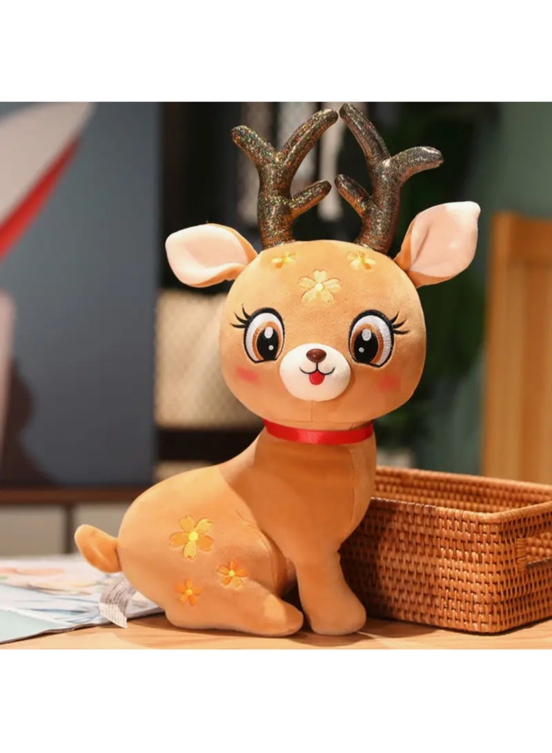 Cute Sika Deer Plush Toy - Soft Stuffed Animal Doll with White & Pink Antlers, Brown & Body, Black/Pink Ears & Red Collar - Huggable Bedtime Companion, Christmas New Year Gift