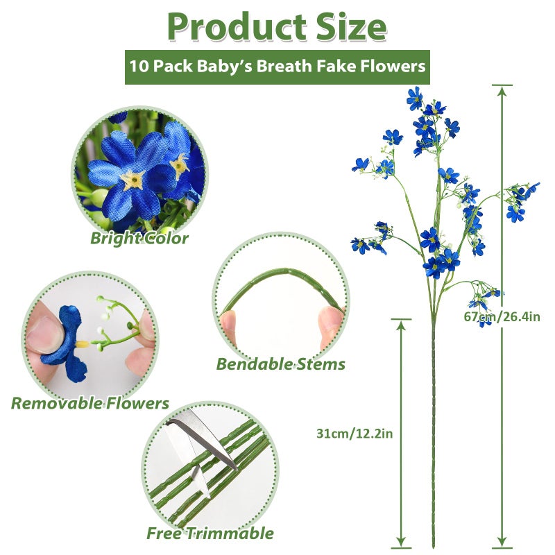 TOCHGREEN 10PCS Artificial Silk Flowers with Long Stems Faux Bulk Babys Breath Flowers Fake Silk Flowers Bouquet for Floral Arrangement Tall Vase Home Wedding Table Centerpieces Decor (Blue) - Image 3