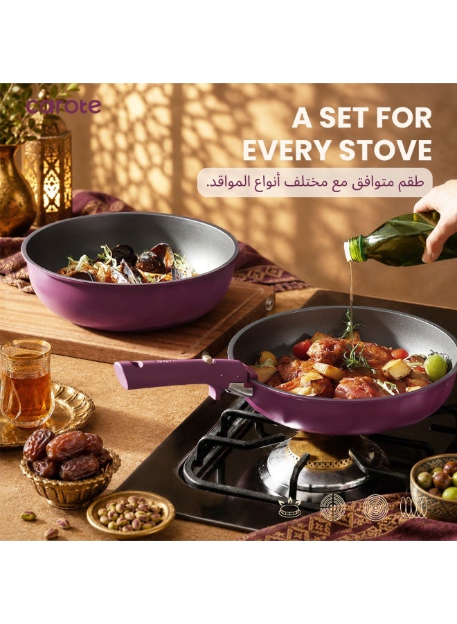 Carote 21-Piece Non Stick Cookware Set with Detachable Handle, Induction, Gas & Oven Compatible, Dishwasher Safe, Space Saving Kitchen Pots and Pans, PFOA & Lead Free, Healthy Cooking Set, Purple Gold - Image 5