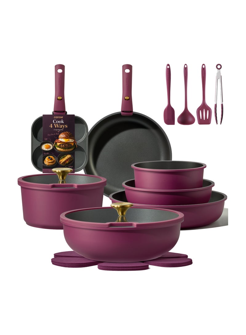 Carote 21-Piece Non Stick Cookware Set with Detachable Handle, Induction, Gas & Oven Compatible, Dishwasher Safe, Space Saving Kitchen Pots and Pans, PFOA & Lead Free, Healthy Cooking Set, Purple Gold - Image 1