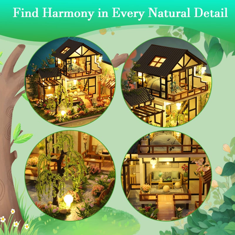 OZJAY DIY Miniature House Kit, Tiny House Kit with LED, DIY Wooden Dollhouse Miniature Kit for Adults Teen, Wooden Crafts Lovely Dollhouse Kit, Bamboo Stream Garden - Image 4