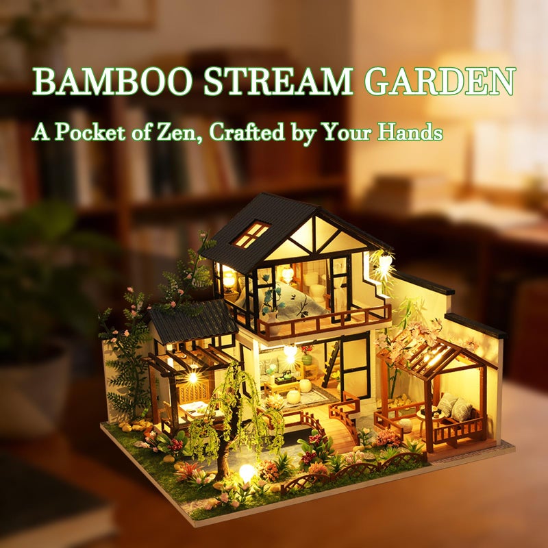 OZJAY DIY Miniature House Kit, Tiny House Kit with LED, DIY Wooden Dollhouse Miniature Kit for Adults Teen, Wooden Crafts Lovely Dollhouse Kit, Bamboo Stream Garden - Image 2