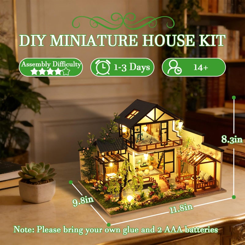 OZJAY DIY Miniature House Kit, Tiny House Kit with LED, DIY Wooden Dollhouse Miniature Kit for Adults Teen, Wooden Crafts Lovely Dollhouse Kit, Bamboo Stream Garden - Image 3