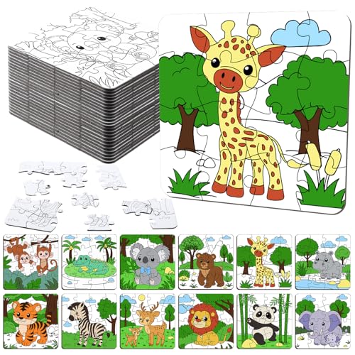 Realspring 24 Pack Wild Animal Color Your Own Jigsaw Puzzles for Kids 35 46 68 Coloring Crafts DIY Paper Puzzles Party Favors Gifts for Toddler Children Learning Education Toys - Image 1