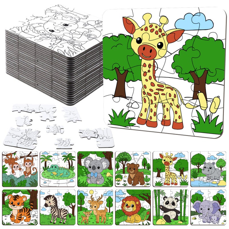 Realspring 24 Pack Wild Animal Color Your Own Jigsaw Puzzles for Kids 35 46 68 Coloring Crafts DIY Paper Puzzles Party Favors Gifts for Toddler Children Learning Education Toys - Image 3