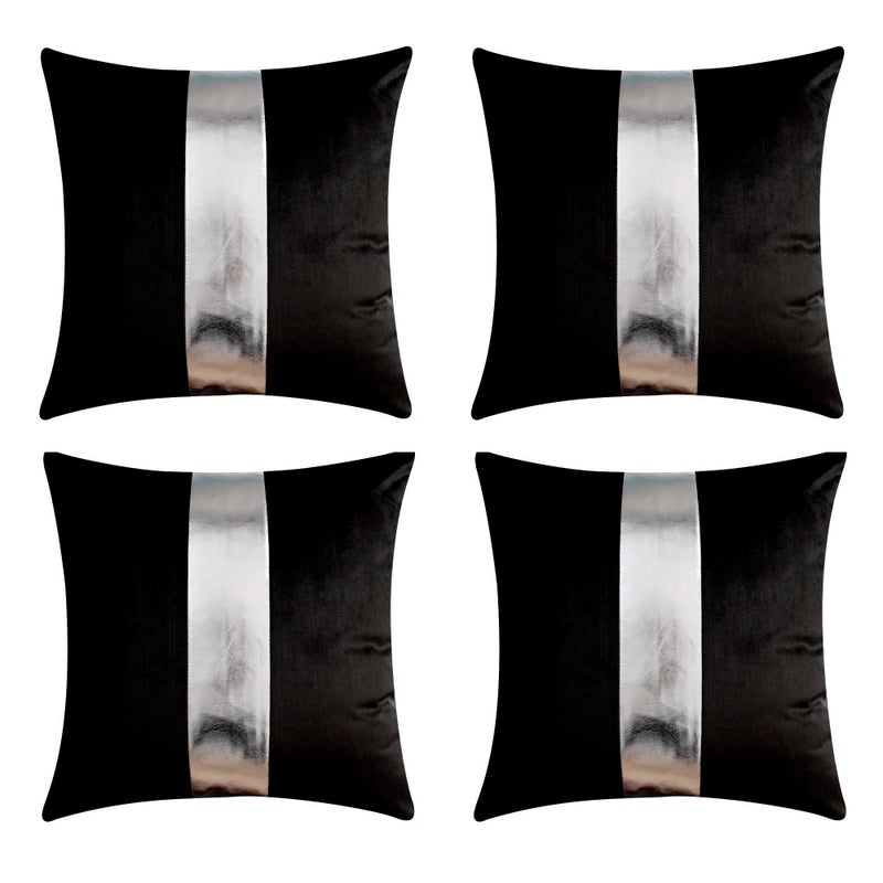Gyulin Pack of 4,18x18 Inch Velvet Throw Pillow Covers with Silver Leather Striped Patchwork Stitching Modern Minimalist Square Pillowcase Cushion Covers for Bedroom Sofa Couch Living Room,Black