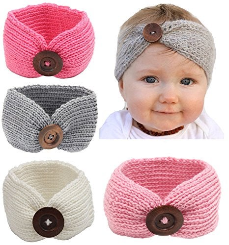 QandSweet Baby Turban Head Wrap Headbands Girl Knitting Button Hairbands - Image 1