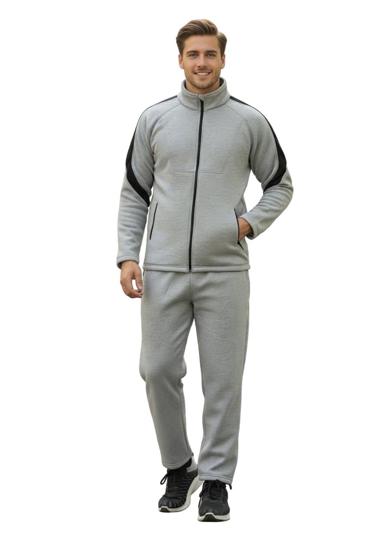CHKOKKO Men's High Neck Winter Tracksuit Set with Full-Zipper Upper & Elasticated Waist Jogger Pants | Warm Soft Solid Activewear for Gym, Running & Casual Use LGTGREYBLK 5XL - Image 2