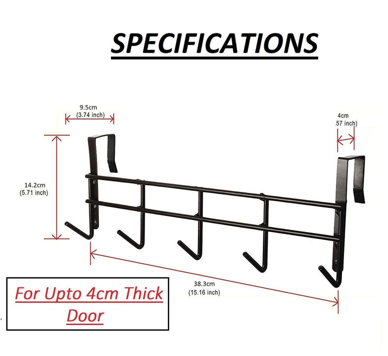 TECHNOVIBES Steel Functional Steel Over The Door Hook Hanger OrganizerWall Hook Rack Black 5 Hook 38cmX14cmX9 Pack of 1 - Image 3