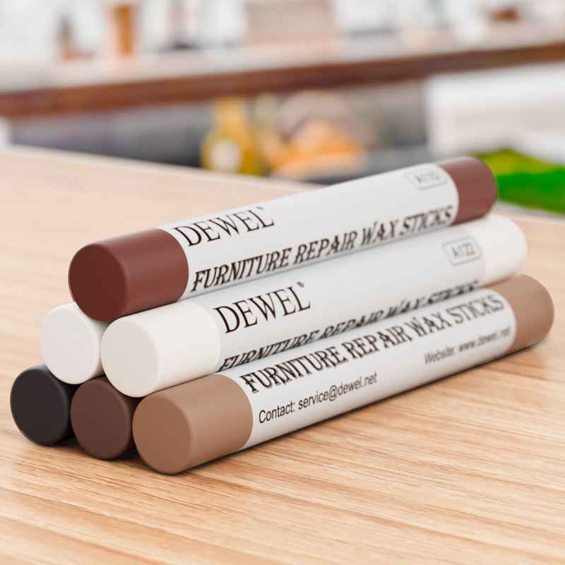 DEWEL Wood Filler Sticks 6 Colors Wood Crayons for Scratches Wood Floor Repair Wax Filler Sticks Furniture Scratch Repair Crayons Kit for Wood Holes Scratches Table