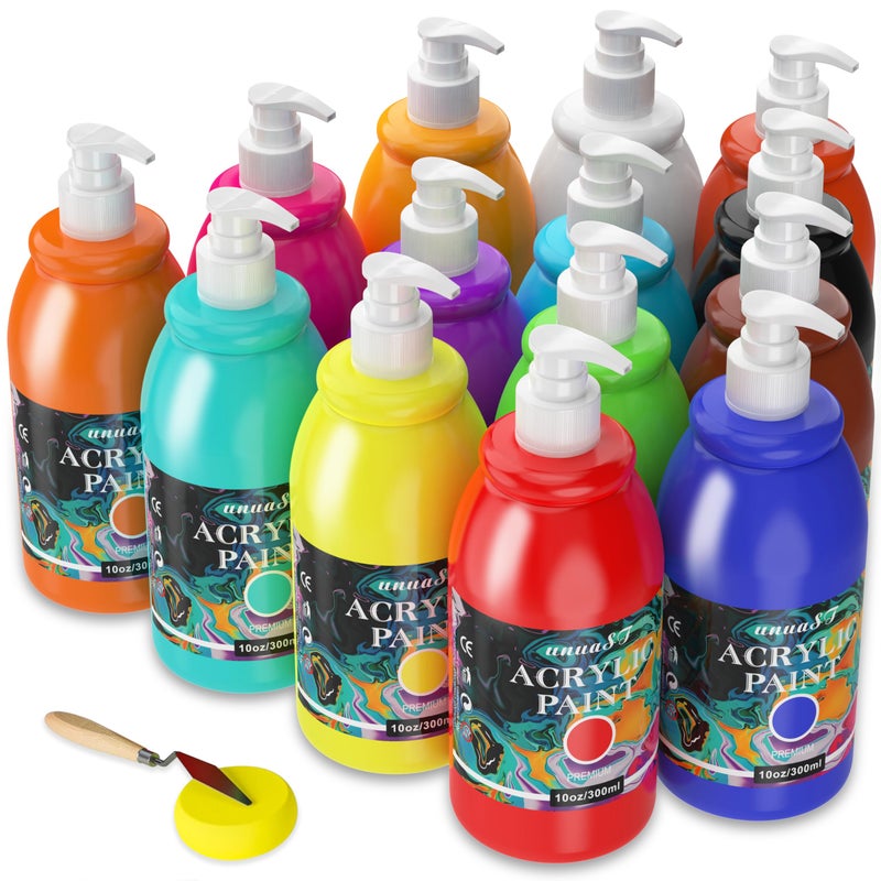 unuaST Acrylic Paint Sets for Adults 14 Colors Large Bulk Acrylic Paints kits Rich Pigment Art Painting Supplies for ArtistsBeginners Paint Sets for Canvas with Pump Color Wheel 10oz300ml - Image 2