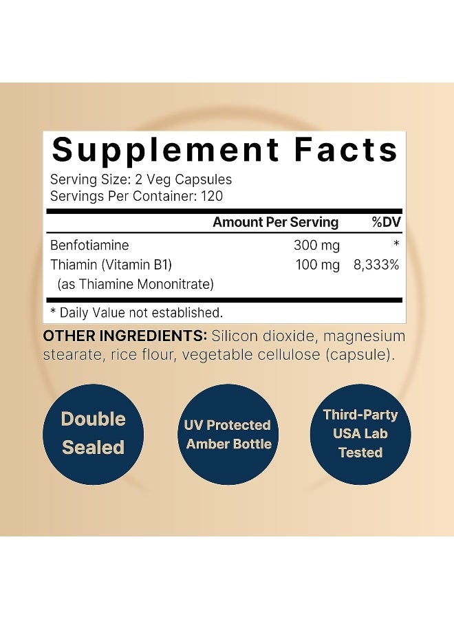 NatureBell Benfotiamine 300mg with Thiamine 100mg Per Serving | 240 Veggie Capsules – Essential Vitamin B1 Benfotiamine Supplement – Vegetarian Friendly - Image 2