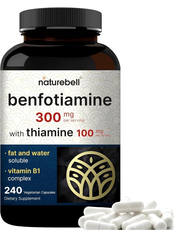 NatureBell Benfotiamine 300mg with Thiamine 100mg Per Serving | 240 Veggie Capsules – Essential Vitamin B1 Benfotiamine Supplement – Vegetarian Friendly - Image 1