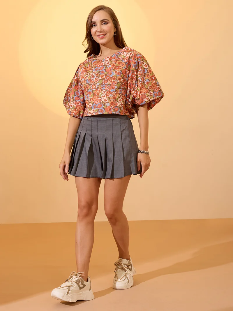 globus Women Multi Round Neck Puff Sleeves Floral Print Top