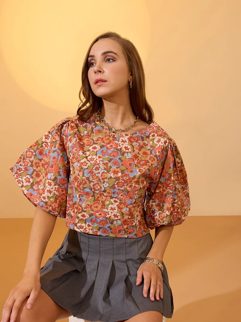 globus Women Multi Round Neck Puff Sleeves Floral Print Top
