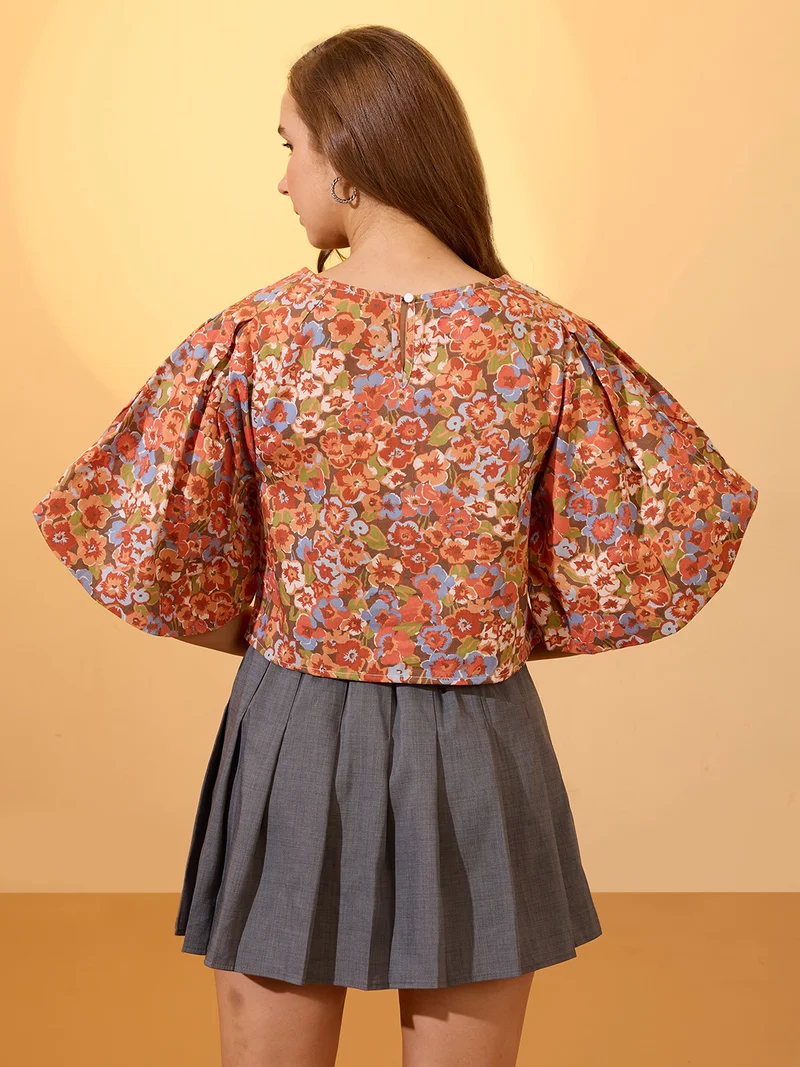 globus Women Multi Round Neck Puff Sleeves Floral Print Top