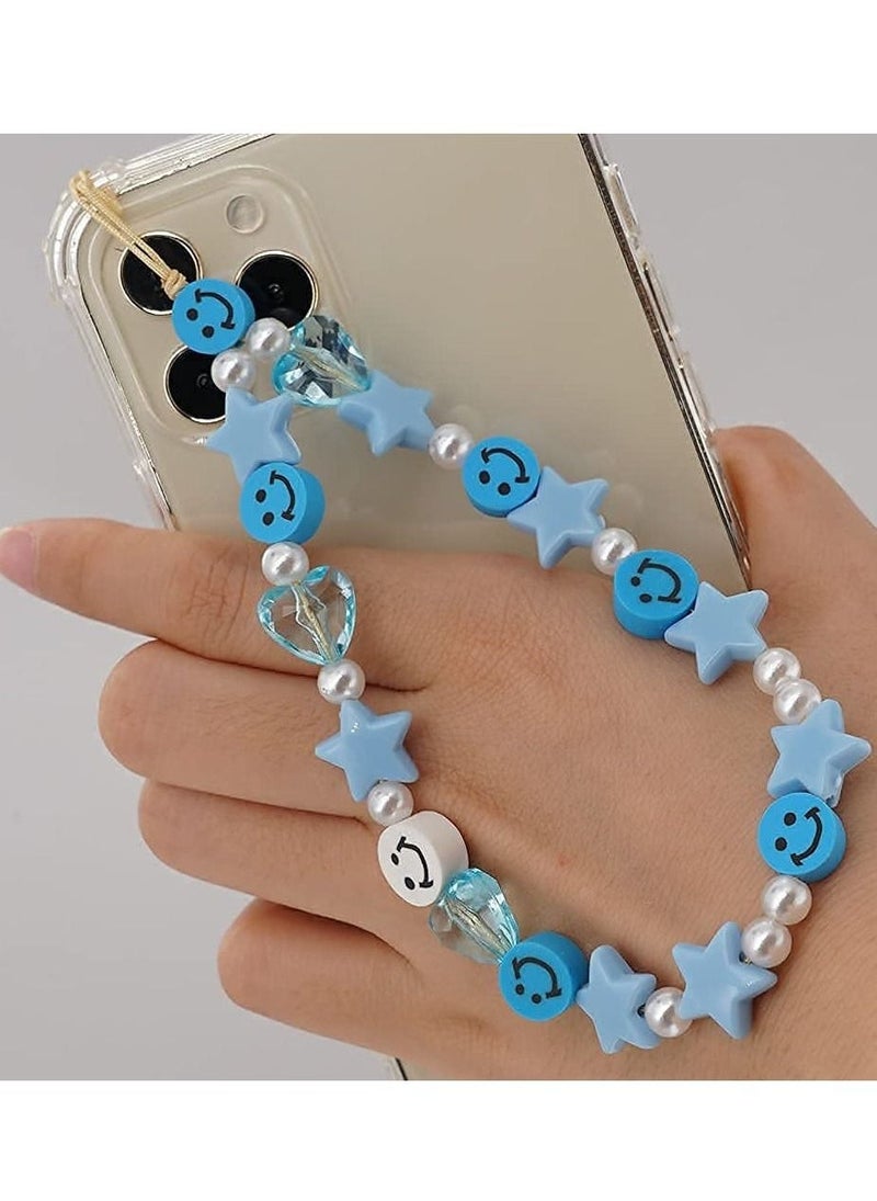 Phone Lanyard Wrist Strap Smiley Face Beaded,  Handmade Colorful Polymer Clay Acrylic Beads Pearl Phone Charm Strap - Image 1