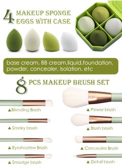 SAROR Make up Brushes set with Bag 8PCS Makeup Brushes and 4PCS Makeup Sponge Professional Face Powder Eye Shadow Powder Kit Gift Box Brushes Kit Green  - Image 2
