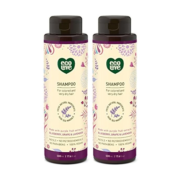 ecoLove 100% Vegan Shampoo Organic blueberry, grape & lavender For colored and very dry hair | 2 Pack (2 x 17.6 oz.) - Image 1