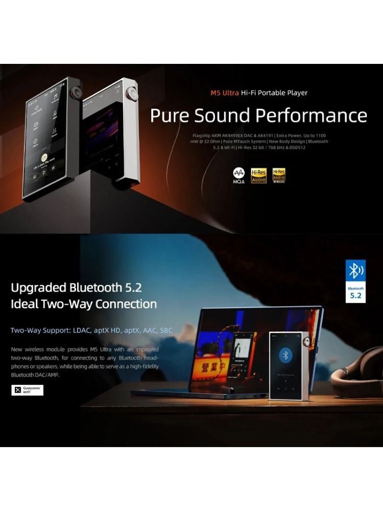Shanling M5 Ultra Portable Hi-Res Music MP3 Player Bluetooth 5.2, Dual Ak4499ex Chips, Silver - Image 2